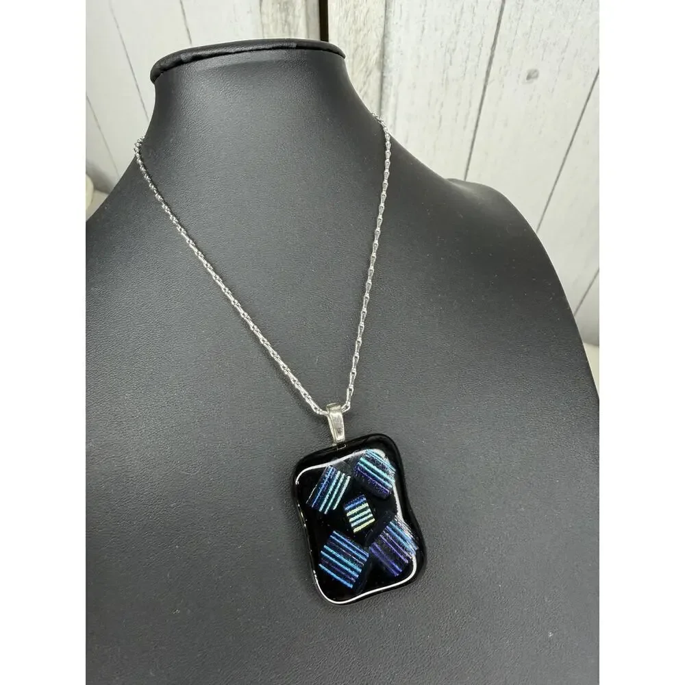Handmade Dichroic Glass Pendant Black Blue Unique W/ Monet Chain